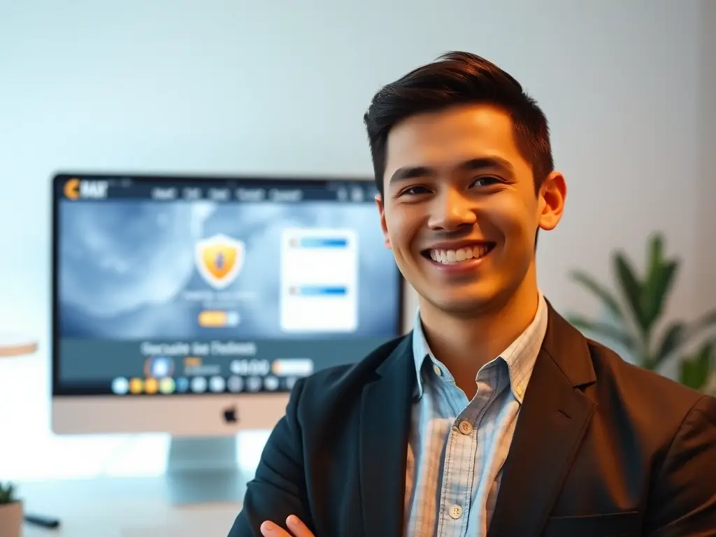 A satisfied client giving a thumbs-up in front of a secure website interface, representing customer satisfaction and trust in the service.