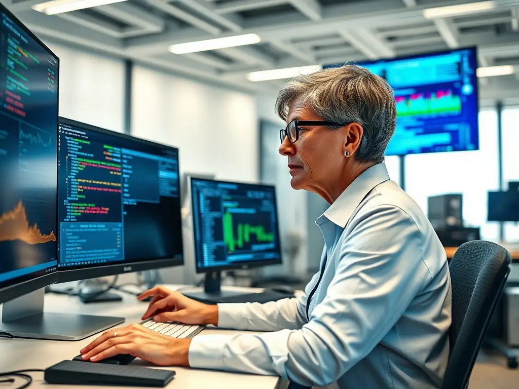 A professional cybersecurity expert analyzing network traffic data on multiple monitors in a modern office setting, showcasing expertise and vigilance.